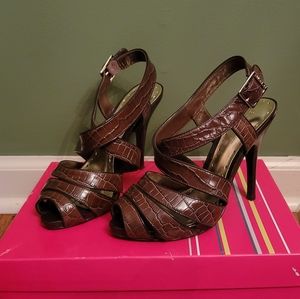 BCBG brown leather strappy heels